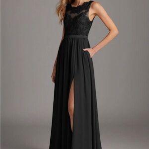Azazie Black Lace Bodice Maxi Dress with High Slit